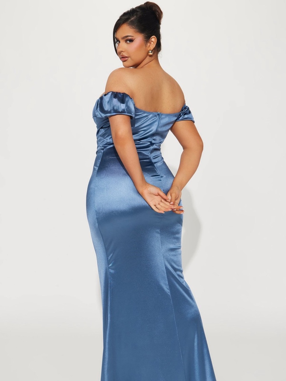 Elegant Off-Shoulder Satin Maxi Dress in Steel Blue